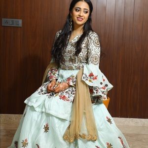 Mint peplum bell sleeve lehenga